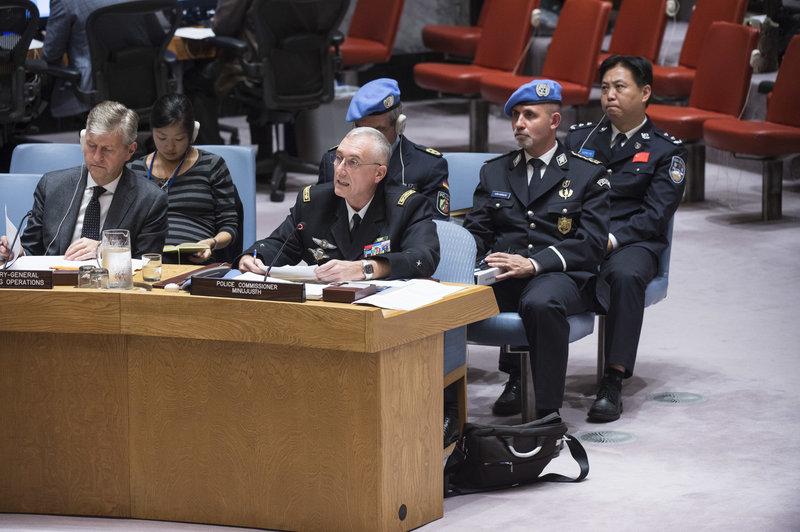Police Commissioner Monchotte of MINUJUSTH briefs the Security Council on 6 Nov 2017. Jean-Pierre Lacroix, USG for Peacekeeping Operations, sits to his right with the UN Police and Deputy Police Adviser behind. UN Photo/Kim Haughton