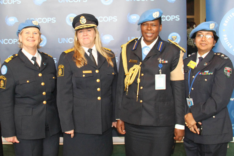 Senior police women during the UN Chiefs of Police Summit, Chief of the Standing Police Capacity, Maria Appelblom, former UN Police Adviser, Ann-Marie Orler, Police Commissioner of UNAMID, Priscilla Makotose and Planning Officer Taptun Nasreen. Photo: UN/ Juergenliemk