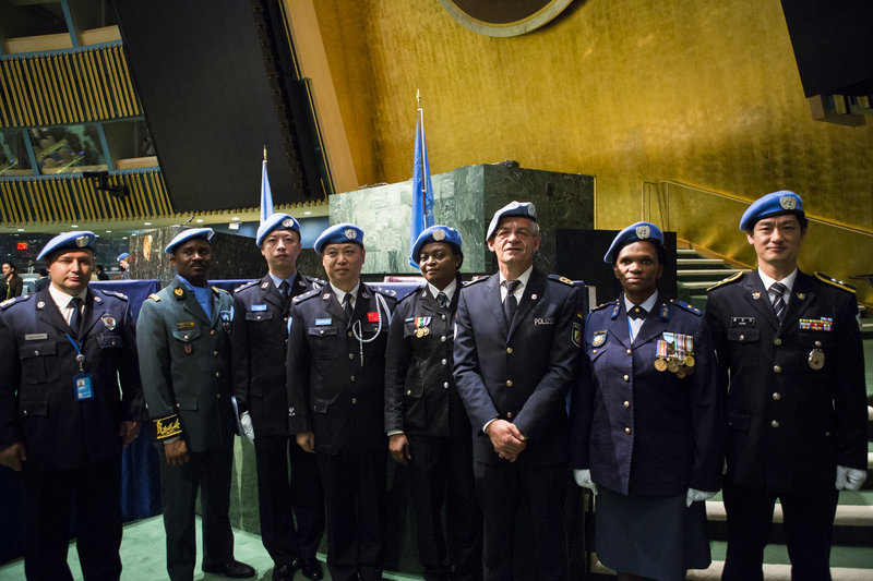 UN police officers at the margin of the United Nations headquarters medal parade in May 2016. UN Photo/Manuel Elias