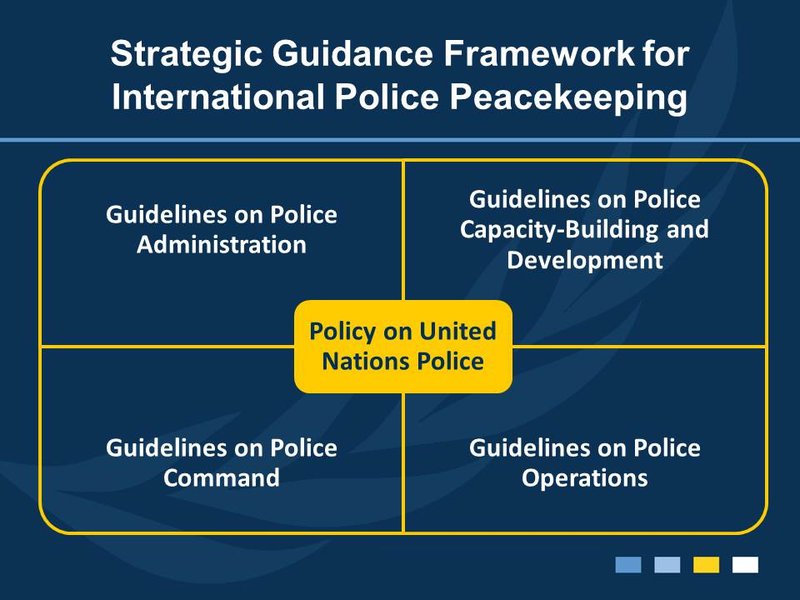 The Strategic Guidance Framework for International Police Peacekeeping consists of one policy documents, guidelines and accompanying manuals. The Strategic Guidance Framework for International Police Peacekeeping consists of one policy documents, guidelines and accompanying manuals.
